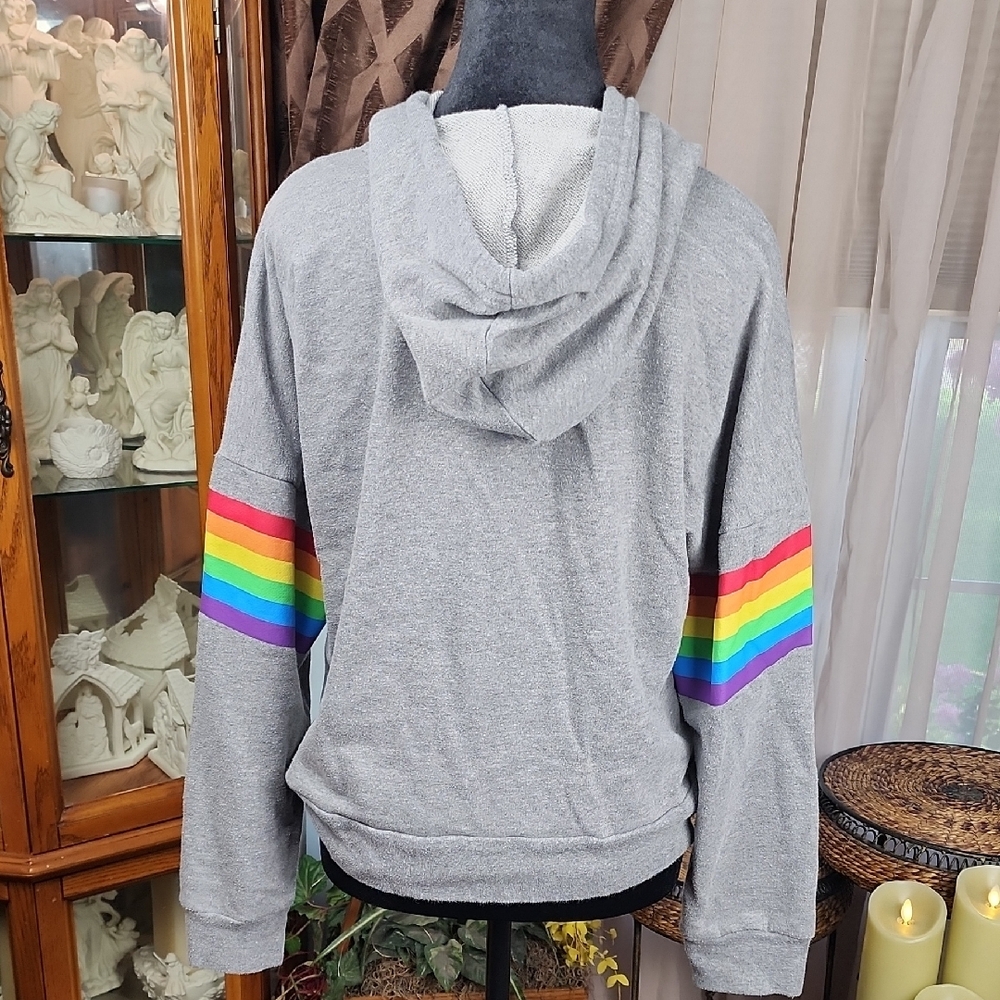 HOT TOPIC | LGBTQIA+ Pride Rainbow Heart Embroidered Cropped Hoodie Gray | M L - Picture 5 of 9
